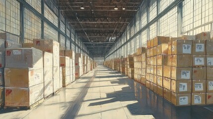Warehouse interior; stacked cardboard boxes.