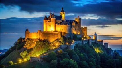 Obraz premium Castle on a hill illuminated at night, night, castelnaud, castle, illuminated, hill, lights, medieval, architecture