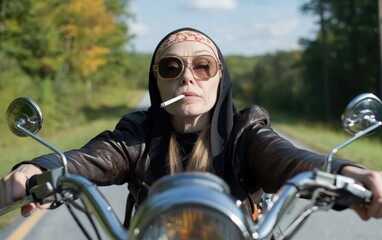 Fototapeta premium A confident woman on a motorcycle cruises along a scenic road. She wears a black jacket and headscarf, enjoying the warm sunlight while smoking a cigarette. Generative AI