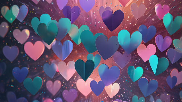 An abstract holographic background showcasing interwoven heart shapes made of glowing pastel colors, including soft pink, lavender, and turquoise, radiating with gentle light reflections