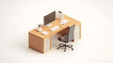 Fototapeta premium Isometric view of a minimalist wooden desk with computer, chair, and office supplies.