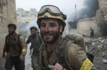 Fototapeta premium Amidst the rubble of a devastated urban landscape, a determined firefighter smiles as he participates in a rescue operation, showcasing resilience and bravery amid destruction. Generative AI