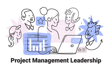 Project management leadership teamwork concept with diverse faces laptop charts stars in minimalist hand drawn style