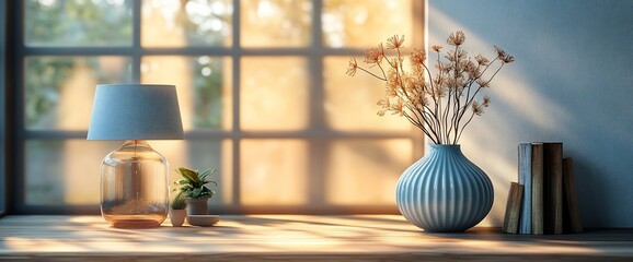 Fototapeta premium Sunlit windowsill, vase, lamp, plant. Cozy home decor