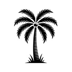 Obraz premium Palm Tree Silhouette: A stylized black silhouette of a majestic palm tree, complete with a coconut and lush fronds, stands tall against a clean backdrop.