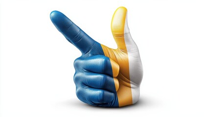 A colorful hand gesture painted in blue and yellow, symbolizing positivity and celebration.