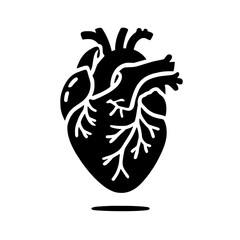 Anatomical Heart: A detailed illustration of a human heart, rendered in a bold, black silhouette, highlighting its intricate chambers, valves, and vessels.