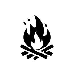 Campfire Icon: A bold, black and white illustration of a stylized campfire, featuring vibrant flames atop crossed logs, symbolizing warmth, adventure, and the great outdoors. 