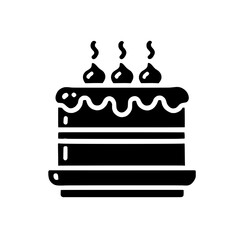 Celebration Cake Icon: A simple yet elegant black and white icon depicting a birthday cake with candles, perfect for website or app design, representing joy, celebration, and sweetness. 