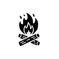 Campfire Icon: A minimalist black and white icon depicting a campfire with flames rising above crossed logs. Ideal for camping, adventure, and nature-themed projects.