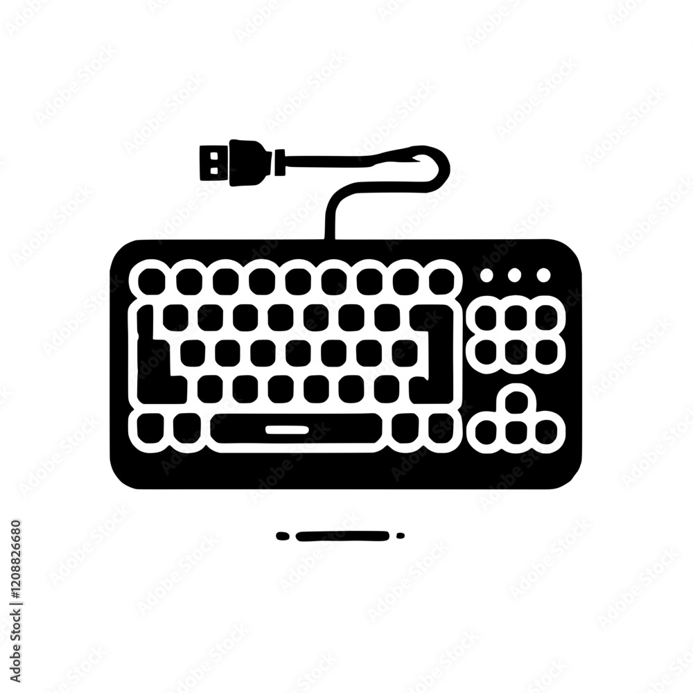 Poster compact keyboard icon: a minimalist illustration of a wired compact keyboard, ideal for web design, 