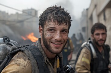 A firefighter with a determined smile stands in a war-damaged area, showcasing resilience and bravery. Smoke rises and flames flicker in the background, illustrating an urgent rescue operation. 