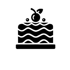 Delicious Cake Icon: A delectable layered cake, adorned with a cherry and delicate frosting swirls, is presented as a simple yet elegant black and white icon. Perfect for bakery menus, websites.