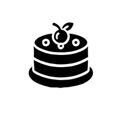 Delicious Layer Cake Icon: A simple yet elegant black and white icon of a delectable layered cake, adorned with a single cherry and leaves, perfect for menus, bakery websites.