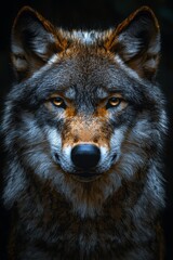 Obraz premium Majestic wolf portrait forest setting wildlife photography dark environment close-up view nature's beauty