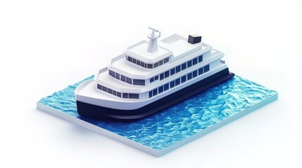 Low-poly 3D model of a cruise ship sailing on blue water.
