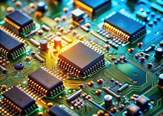 Obraz premium Detailed electronic circuit board photography showcases high-resolution microchips and components.