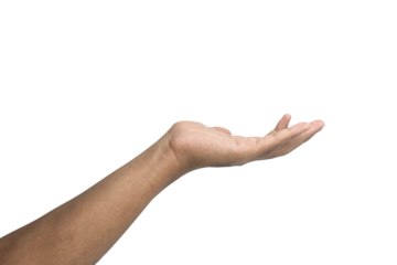 male hand showing empty open palm hand isolated on white background. use for placing a product