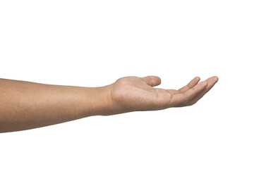 male hand showing empty open palm hand isolated on white background. use for placing a product
