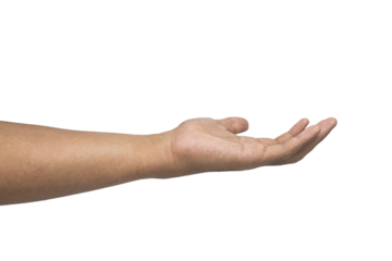 male hand showing empty open palm hand isolated on white background. use for placing a product