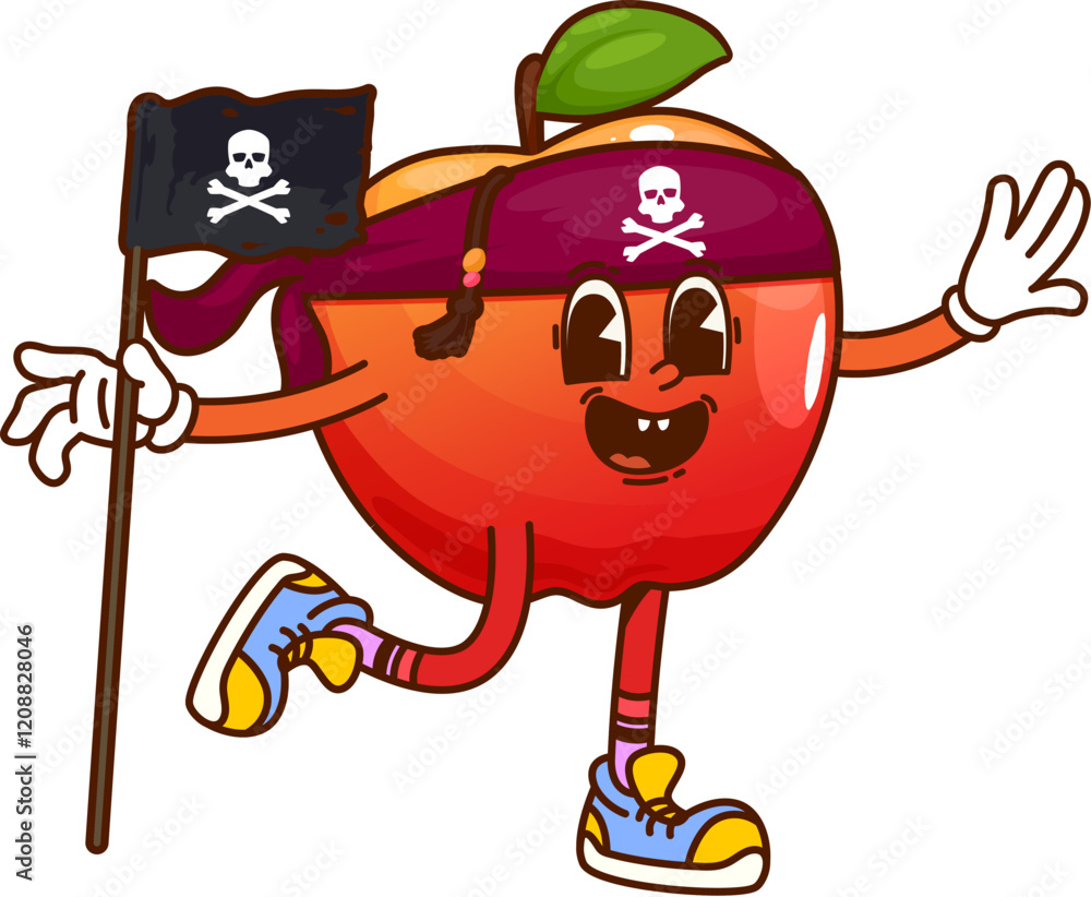 Poster cartoon groovy red apple pirate and corsair fruit character waving a flag with skull and crossbones 