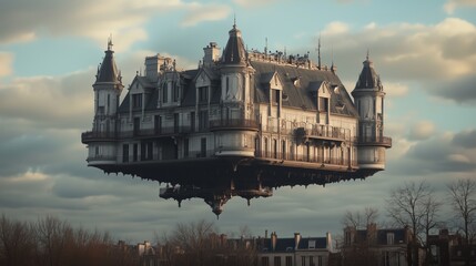 Fototapeta premium Gravitic propulsion mansard roofed stealth castles in the sky