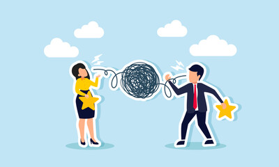 Businessman and businesswoman each carry a star and talk, but only complicated things come out, illustration of boasting about their business quality