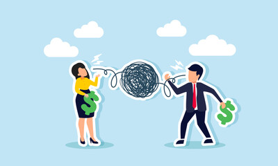 Businessman and businesswoman each carry a dollar sign and talk, but only complicated things come out, illustration of boasting about their business revenue
