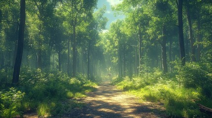 Obraz premium Sunlit path through lush, green forest.