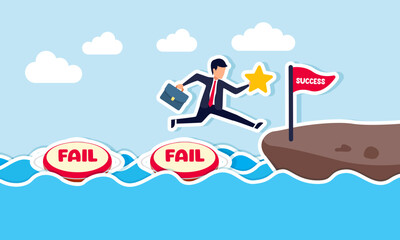 Businessman carries a star jumping over and through a lifebuoy labeled fail to cross the water and reach land, illustration of overcoming failures with business quality to achieve success