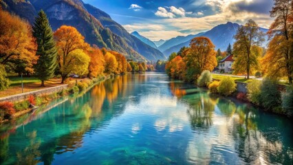 Beautiful river in Interlaken Switzerland with autumn foliage reflecting in the water , Interlaken, Switzerland, river