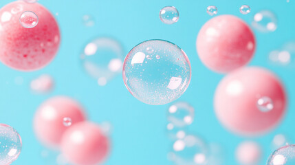 Soap bubbles floating in a clear blue sky symbolizing fleeting joy, with a minimalistic and bright tone, modern blurred background, and empty caption space on the side evoking a sense of chaos

