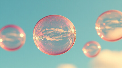 Soap bubbles floating in a clear blue sky symbolizing fleeting joy, with a minimalistic and bright tone, modern blurred background, and empty caption space on the side evoking a sense of chaos

