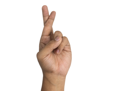 male hand showing finger crossed gesture isolated on white background