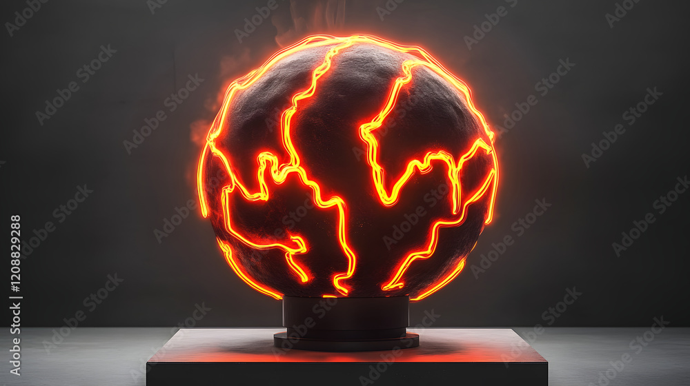Poster a hydrogen bomb with a reflective outer surface and glowing neon patterns, displayed on a platform i
