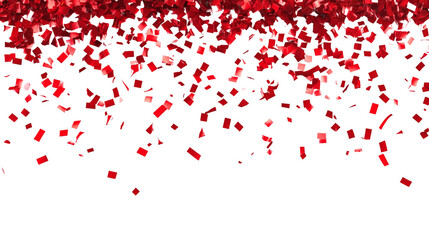 Red confetti falling on a white background for a celebration.