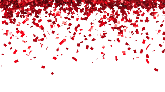 Red confetti falling on a white background for a celebration.