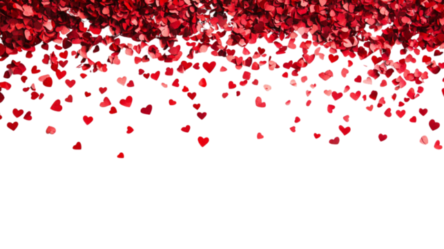 Festive greeting card banner for party or festival with falling red confetti paper on white background.