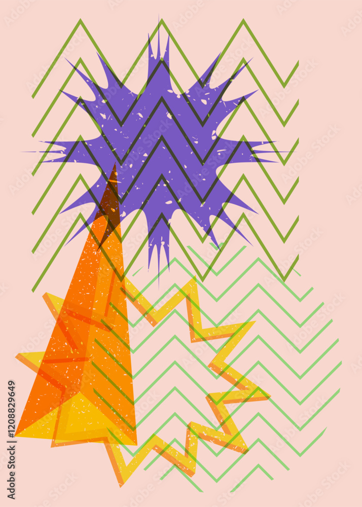 Poster colorful geometric shapes. object in trendy riso graph design. geometry elements abstract risograph 