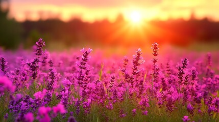 Fototapeta premium Lavender Field Sunset Golden Hour Beauty