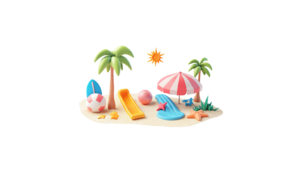 3D rendering of summer beach icon set on white background.
