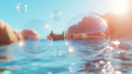 Soap bubbles floating in a clear blue sky symbolizing fleeting joy, with a minimalistic and bright tone, modern blurred background, and empty caption space on the side evoking a sense of chaos

