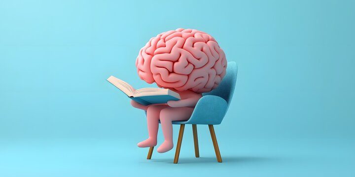 3D cartoon-style, minimalistic pink brain reading a book on a chair, simple blue background