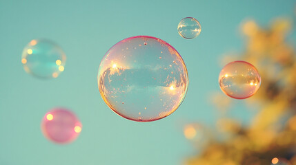 Soap bubbles floating in a clear blue sky symbolizing fleeting joy, with a minimalistic and bright tone, modern blurred background, and empty caption space on the side evoking a sense of chaos

