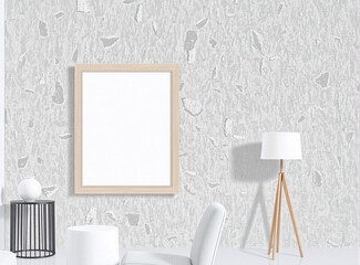 Featuring a blank frame on a natural stone wall, this minimalist room is ideal for modern mockups or interior design showcases.