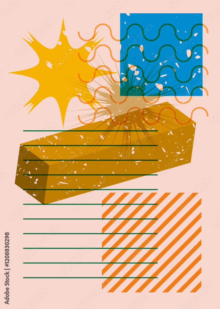 Poster colorful geometric shapes. object in trendy riso graph design. geometry elements abstract risograph 