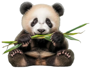 A playful panda eating bamboo isolated on white background. Suitable for marketing or business purposes. PNG file