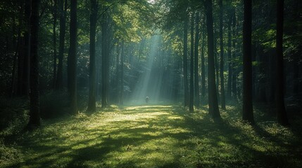 Fototapeta premium Sunlit path through a dark, mysterious forest.