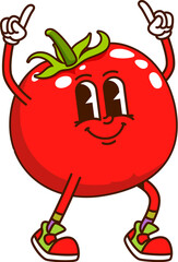 Cartoon groovy tomato vegetable character with vibrant red color, lively eyes and smiling face, wears sneakers flashing raised hands gesture. Isolated vector ripe healthy tomato veg retro personage
