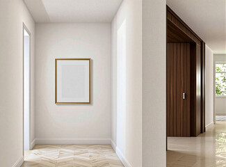 A centered blank frame on a spacious hallway wall, perfect for custom artwork.